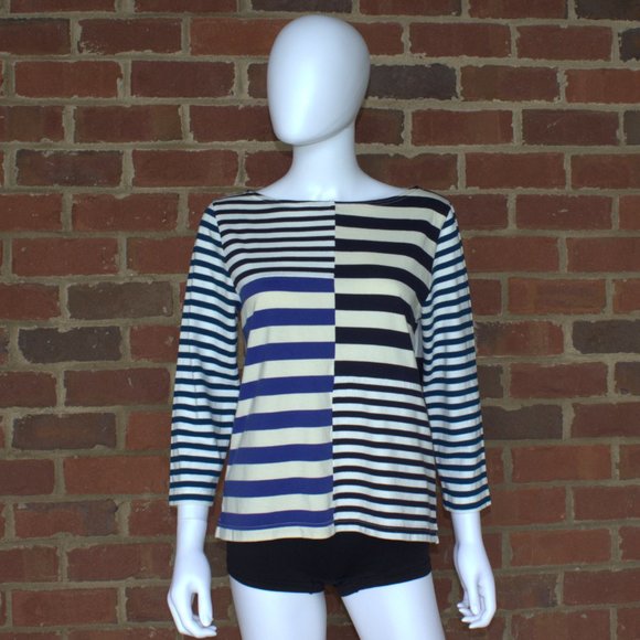J. Crew | Patchwork Striped 3/4 Sleeve Shirt | Blue-White-Cream | F1456 | Size M - Picture 2 of 11